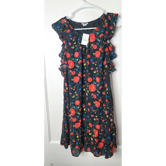 J Crew Womens Sz XXS Midi Shift Dress Black Floral flutter sleeve Key Hole - Picture 1 of 15